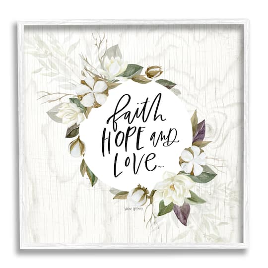 Stupell Industries Faith Hope and Love Sentiment Floral Cotton Wreath Framed Wall Art